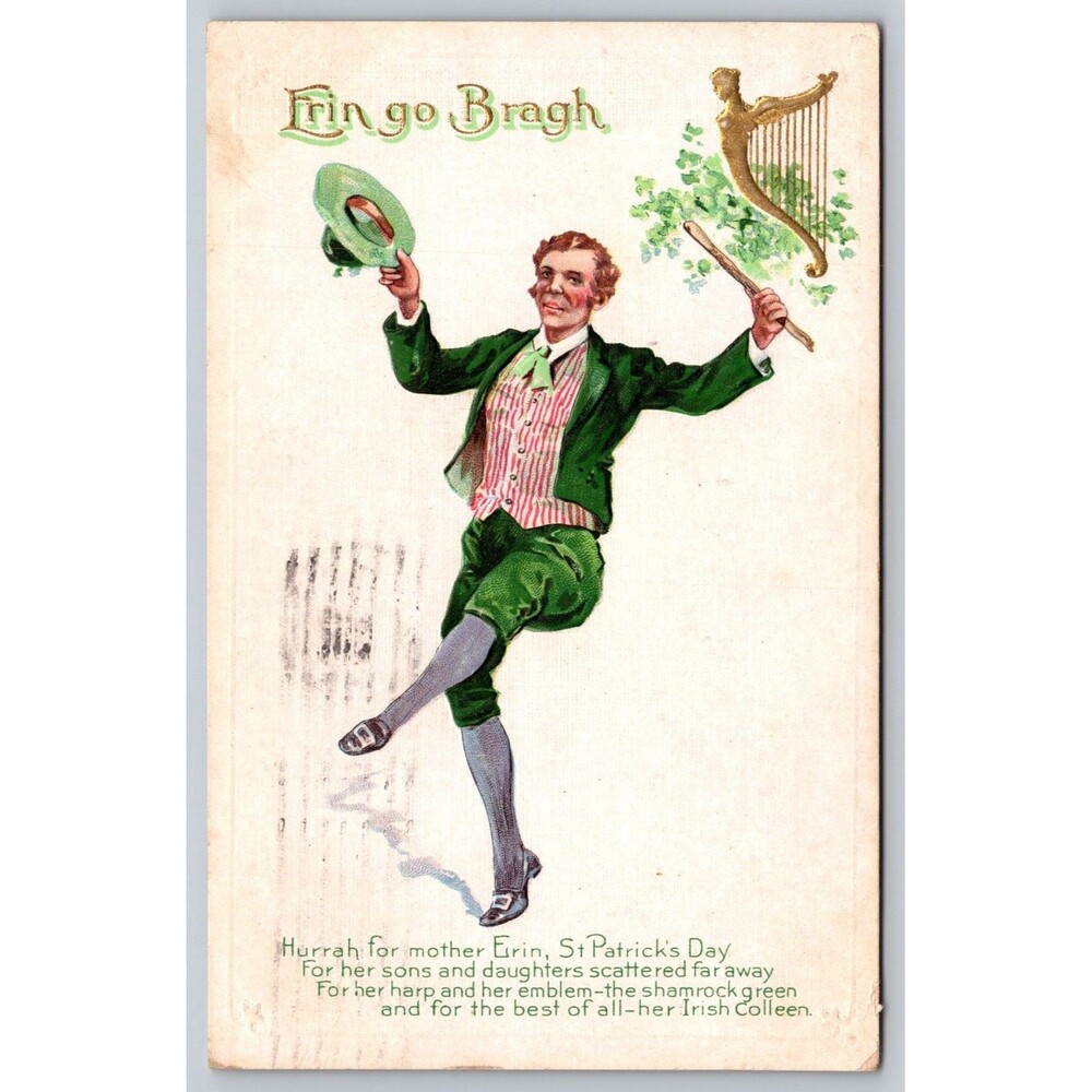 Postcard St. Patrick's Day Erin Go Bragh Harp Embossed Posted 1911 Emporia KS